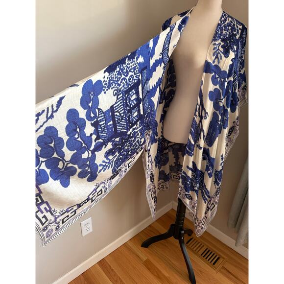 One Hundred Stars Blue Asian Print Kaftan Art Kimono Duster Boho Throwover - Picture 3 of 11